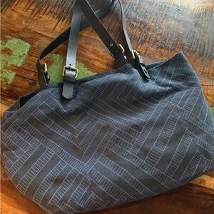 Stylish Navy Patterned Tote Bag with Black Leather Straps